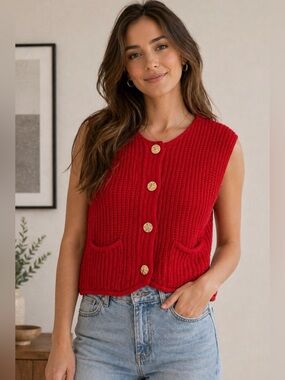 Zenana Red 🌺 Chunky Knit Sweater Vest Gold Button Pocket Cardigan Size S